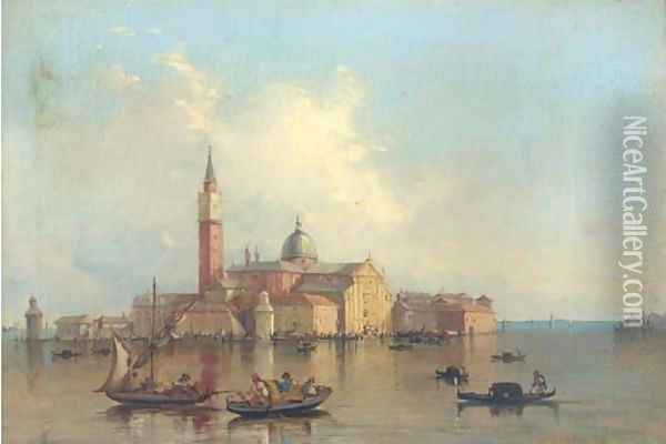 Gondolas on the Venetian Lagoon before San Giorgio Maggiore Oil Painting - Alfred Pollentine