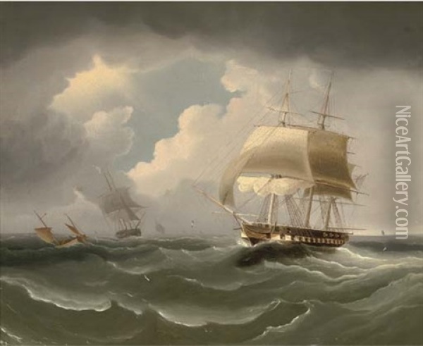 A Frigate Running Down The Channel Oil Painting - James Edward Buttersworth