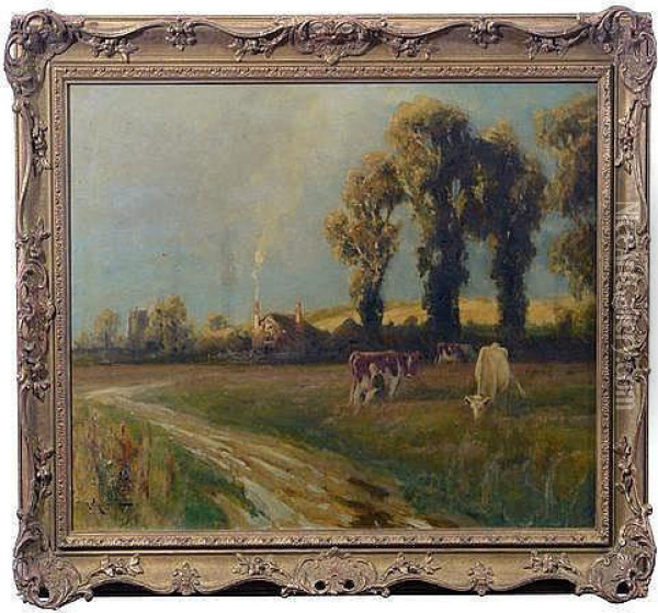 Milkmaid And Cows In A Oil Painting - Arthur Walker Redgate