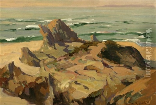 View Of Catalina Island From Balboa Rocks Oil Painting - Franz Arthur Bischoff
