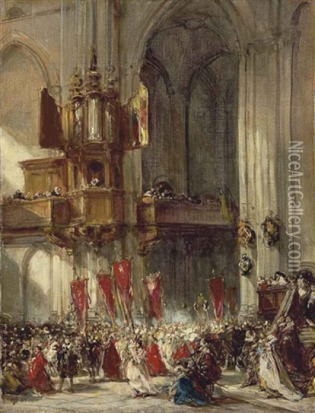A Religious Procession Oil Painting - Louis-Gabriel-Eugene Isabey