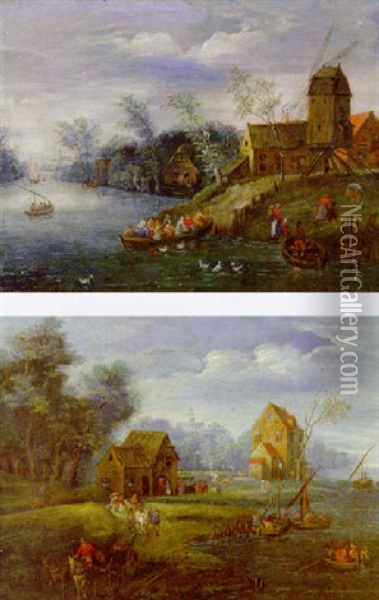 A River Landscape, With Peasants At A Landing Stage, A Windmill Nearby Oil Painting - Jan Brueghel the Elder