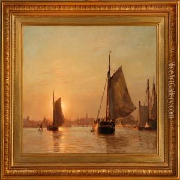 Dragor Harbour At Sunset Oil Painting - Christian Molsted