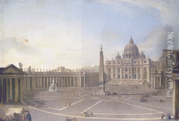 A View Of St. Peter's, Rome With Bernini's Colonnade And A Procession In Carriages Oil Painting - Antonio Joli