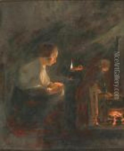 Woman Sewing By Candlelight Oil Painting - Gerrit Dou