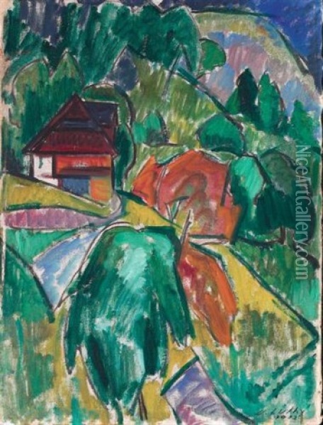 Haus Mit Baumen (+ Landschft, Study; Verso) Oil Painting - Oscar Wilhelm Luethy