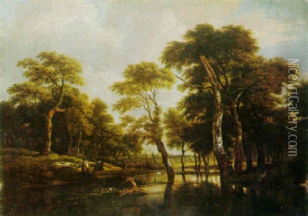 Wooded Landscape With Hunters Chasing A Stag Oil Painting - Jacob Van Ruisdael