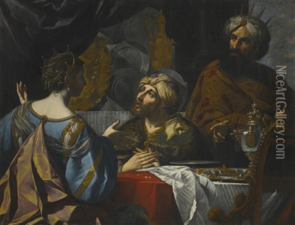 The Intercession Of Esther With King Ahasuerus And Haman Oil Painting - Pietro Paolini