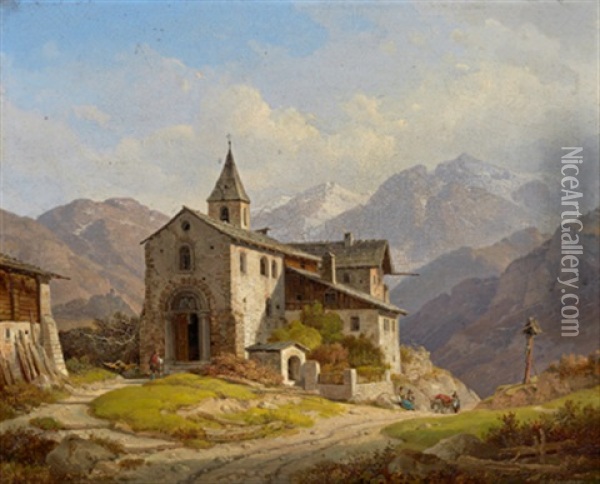 Blick Auf Die St. Johann Kirche Bei Taufers In Munstertal - Vinschgau Oil Painting - Wilhelm Scheuchzer