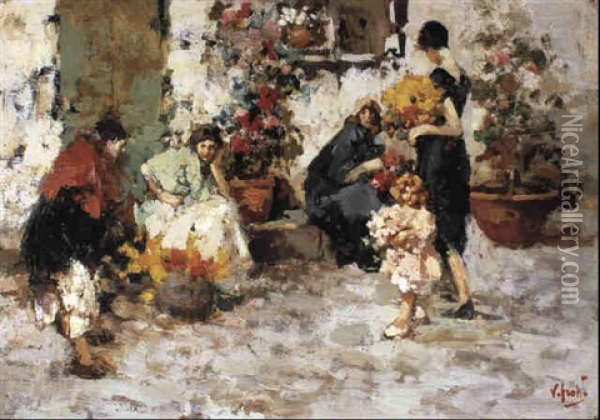 At The Flower Market Oil Painting - Vincenzo Irolli