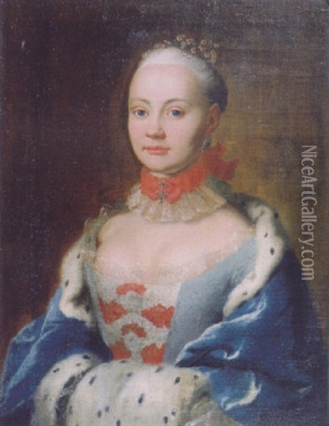 Portrait Of A Noblewoman In A Light Blue Dress With Brocade Bodice, An Ermine-lined Blue Velvet Cape And A Muff Oil Painting - Johann Ludwig Strecker