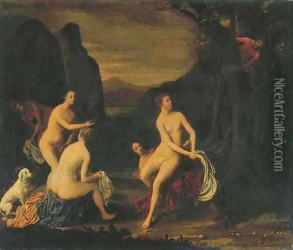 A wooded landscape with Diana and her Nymphs bathing, a satyr spying from a tree Oil Painting - Cornelis Stangerus