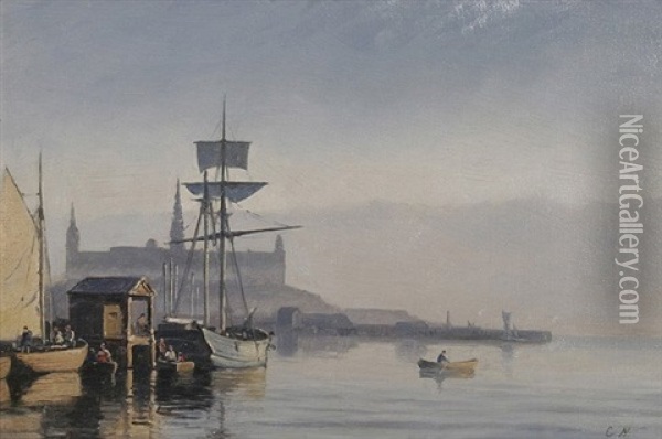 Hafen Mit Fischerbooten Und Segelschiff Im Morgenlicht Oil Painting - Carl Johann Neumann