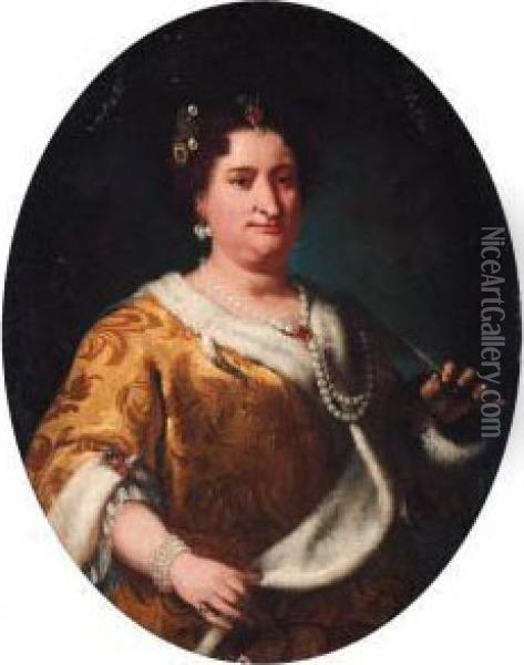 Portrait Of A Lady, Said To Be 
Contessa Maria Suardo, Half-length,wearing An Embroidered Ermine-trimmed
 Yellow Dress, Holding Afan Oil Painting - Vittore Ghislandi