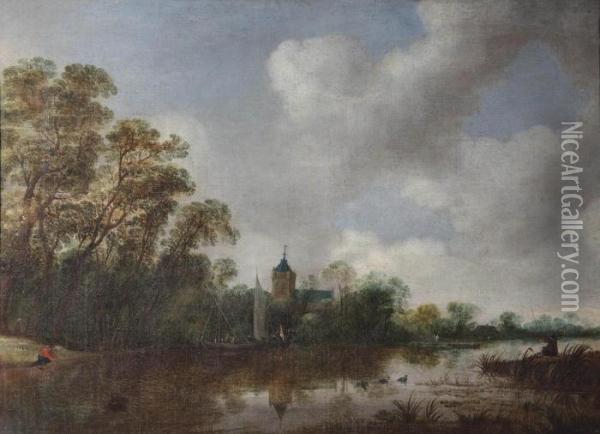 A River Landscape With Various Vessels, A Church Beyond Oil Painting - Reinier Van Der Laeck