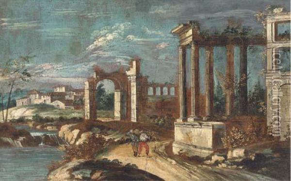 A Capriccio Of Classical Ruins With Peasants On A Track Oil Painting - Michele Marieschi