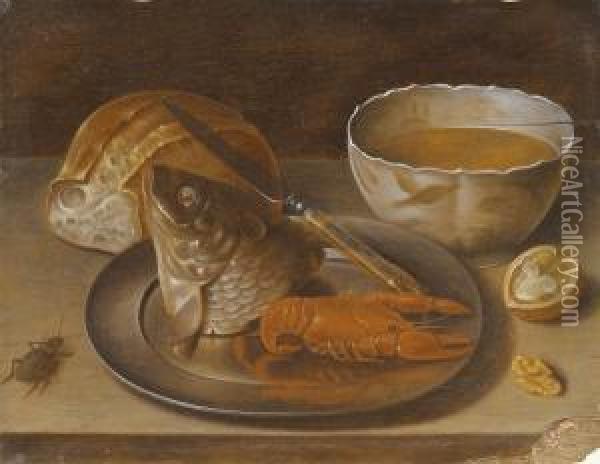 Natura Morta Con Pesce, Aragosta Su Vassoio, Zuppa, Pane E Noce Oil Painting - Georg Flegel