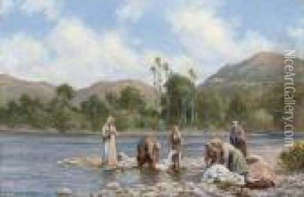 Women Washing Clothes On A River Bank Oil Painting - Arthur Trevor Haddon