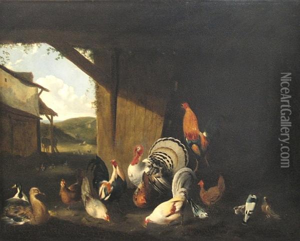 Chickens, Ducks And Other Fowl In A Barn With A Landscape Beyond Oil Painting - Melchior de Hondecoeter