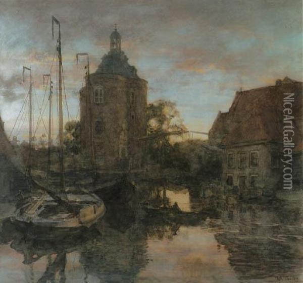 A Dutch Canal At Sunset With The Drommedaris, Enkhuizen Oil Painting - Willem Bastiaan Tholen