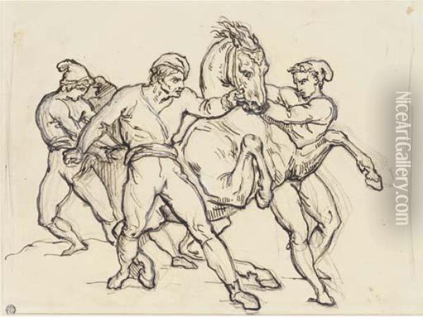 Three Men Restraining A Horse Oil Painting - Theodore Gericault