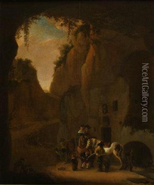 Elegant Equestrian Party Outside A Mountain Inn Oil Painting - Pieter Wouwermans or Wouwerman
