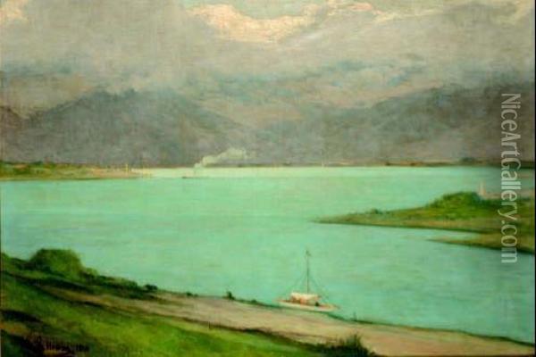 Il Lago Di Garda Con Le Alpi Tirolesi Oil Painting - Lorenzo Delleani