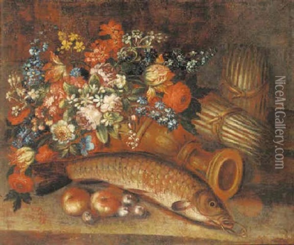 An Overturned Urn With Roses, Tulips, Narcissi And Other Flowers, With A Fish And Asparagus On A Bank Oil Painting - Jan-Baptiste Bosschaert