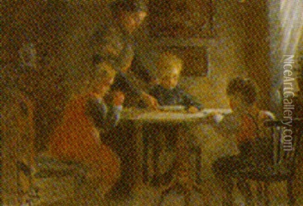 Interior Med Familie Ved Bordet Oil Painting - Valdemar Holger V. Rasmussen Magaard