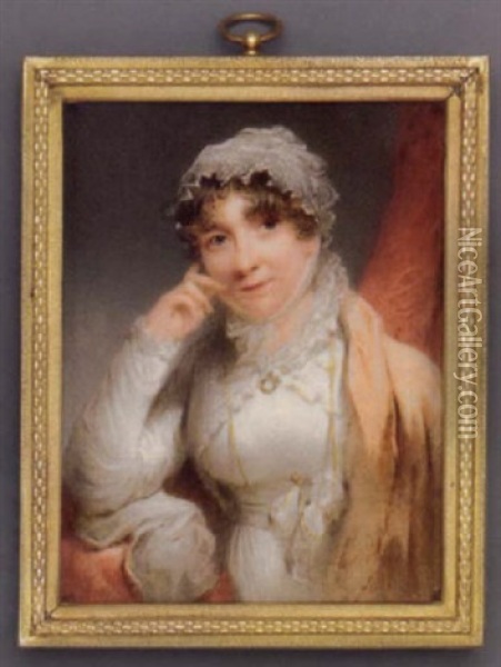 Anne Earle In White Dress, Lace-bordered White Surcoat, Pale Pink Cashmere Stole, A Lorgnette On A Chain Pinned At Waist, Lace Mob Cap Tied Under Her Chin Oil Painting - Thomas Hargreaves