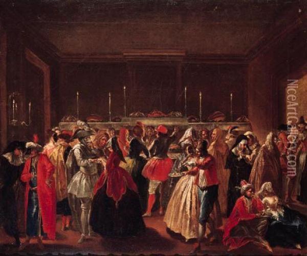 A Venetian Masked Ball; And The Gaming Room Oil Painting - Giovanni Domenico Tiepolo