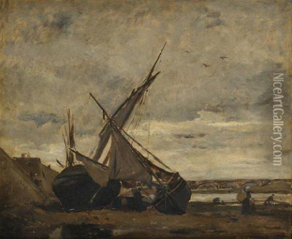 Bateaux Sur La Greve Oil Painting - Karl Pierre Daubigny