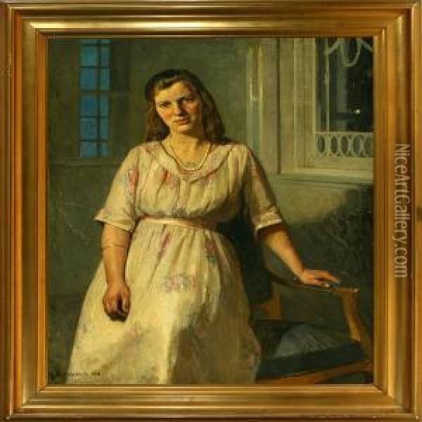 A Young Woman Portraied By An Armchair Oil Painting - Johan Schlichtkrull