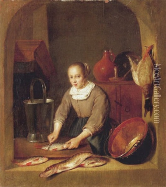 Kuchenmagd Schuppt Fische Am Fenster Oil Painting - Quiringh Gerritsz van Brekelenkam