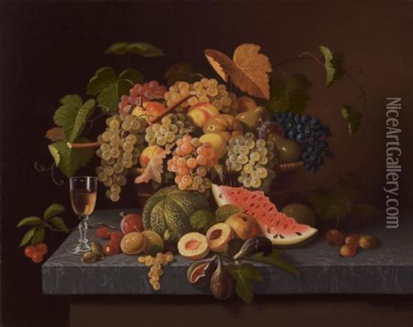 Fruit And Wine Glass On A Marble Tabletop Oil Painting - Paul Lacroix