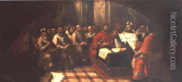 San Cirilo En El Concilio De Efeso Oil Painting - Francisco Meneses Osorio