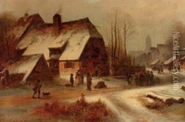 Villagers On A Snow Covered Street Oil Painting - Anton Doll
