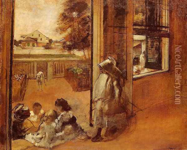 Children on a Doorstep Oil Painting - Edgar Degas