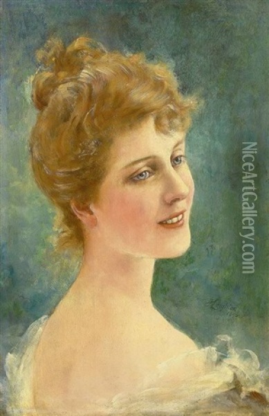 Portrait Einer Jungen Rotblonden Frau Vor Grun Changierendem Hintergrund Oil Painting - John Leighton