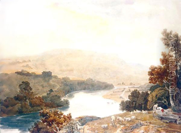 View On The River Wye Near Monmouth Oil Painting - William Havell