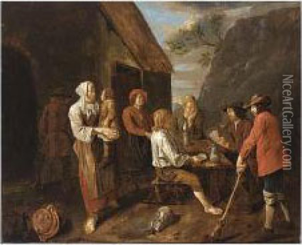 Peasants Drinking And Playing Cards Near An Inn Oil Painting - Francois Van Aken