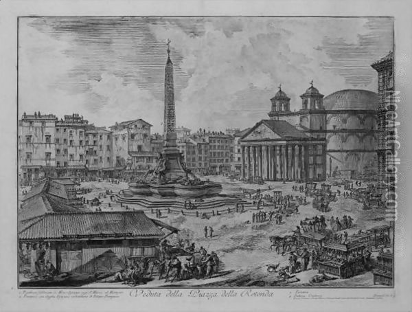 The Piazza Della Rotonda, With The Pantheon And Obelisk Oil Painting - Giovanni Battista Piranesi