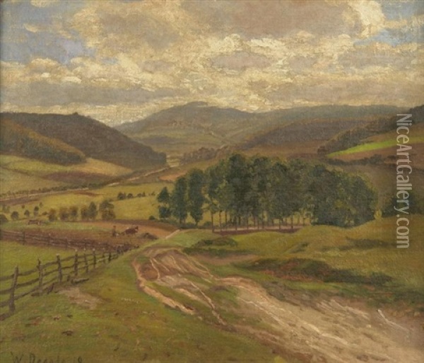 Blick In Weites Tal An Einem Sonnigen Tag. Im Hintergrund Ein Bauer, Sein Feld Bestellend Oil Painting - Wilhelm Degode