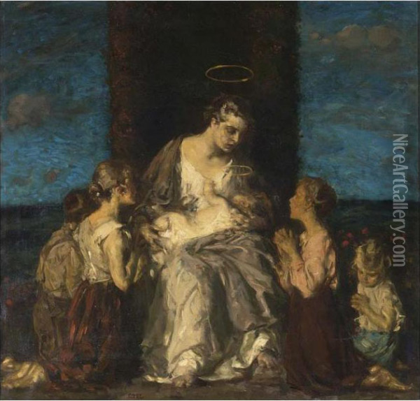 Madonna With Child Surrounded By Children Oil Painting - Carl von Marr