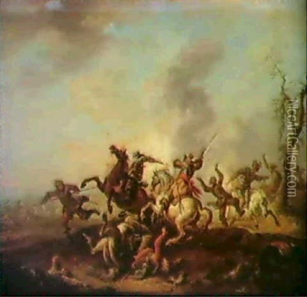 A Battle Scene With Foot Soldiers Under Fire From Cavalry   Troops Oil Painting - Franz de Paula Ferg