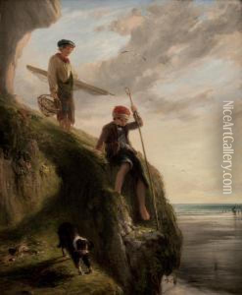 Fisherboys On The Cliffs Oil Painting - William Collins