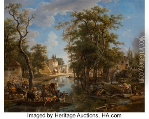 A Lively Canal Scene With Ferries And Boats Conveying Townspeople And Animals Oil Painting - Jean-Louis Demarne