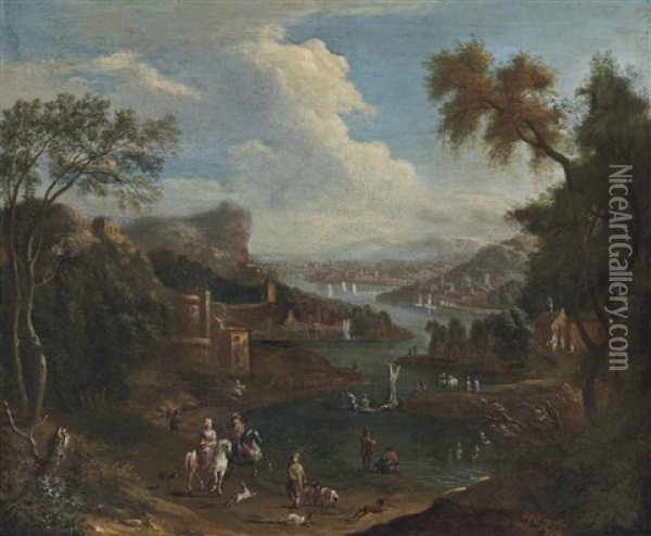 A River Landscape With Travellers On A Bank, Figures On Boats And A Settlement Beyond Oil Painting - Mathys Schoevaerdts