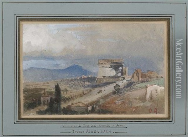 Das Grabmal Der Caecilia Metella An Der Via Appia. Blick Auf Posillipo Bei Neapel Oil Painting - Oswald Achenbach
