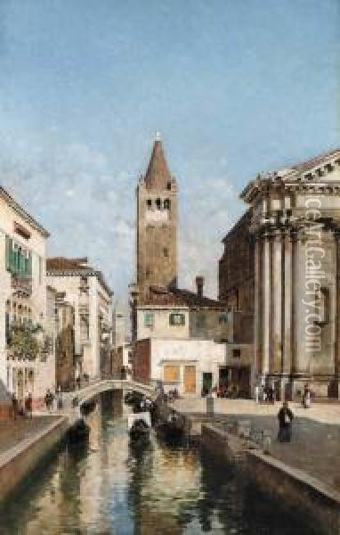 A Venetian Canal With The Church Of San Barnaba And Campo San Barnaba, Dorsoduro, Venice Oil Painting - Federico del Campo